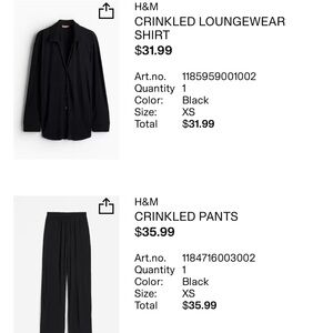H&M Black Crinkled Shirt and Pants Set